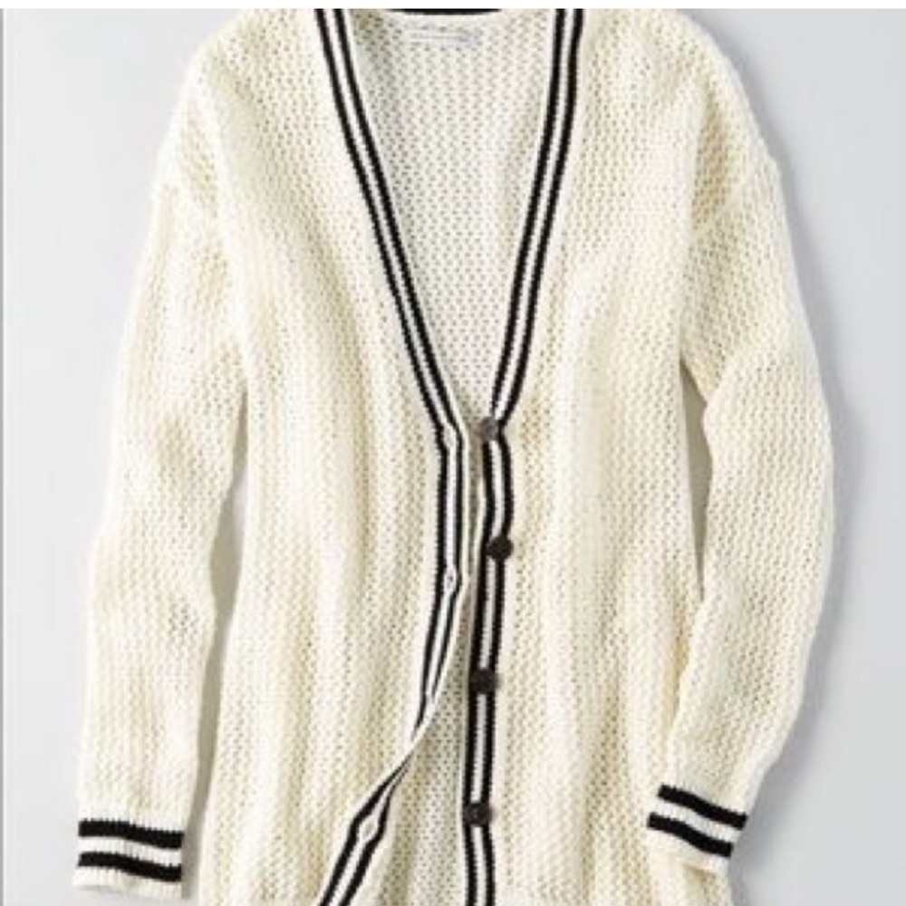 American Eagle Oversized Open Knit Mesh Cardigan Varsity Sweater Cream & Black S